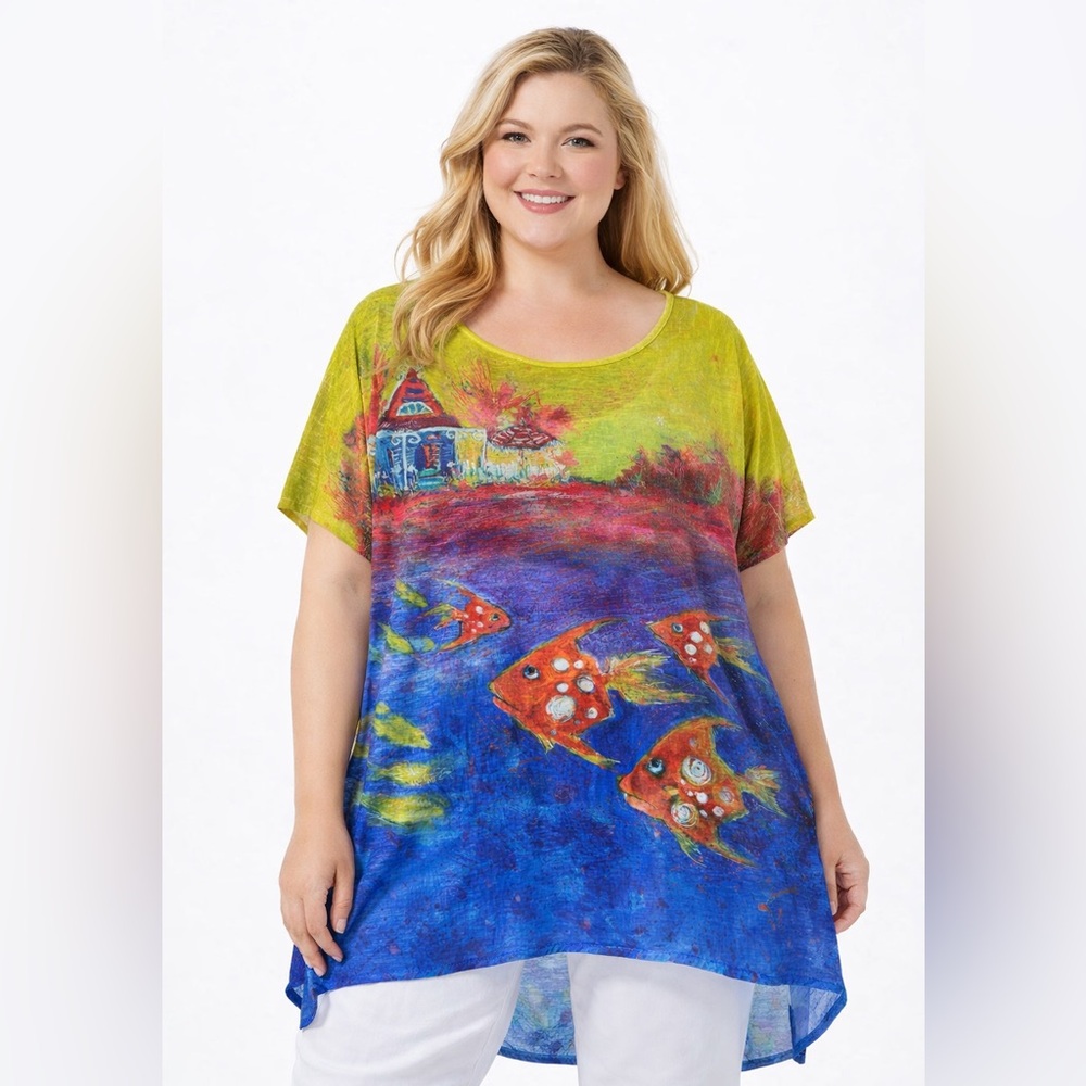 Leoma Lovegrove Fish Art Tunic Top XXXL Bright Short Sleeve High-Low Hem